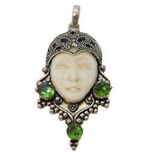 Large Sterling Silver Green Paste & Hardstone Buddha Head Pendant Vintage