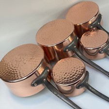 Vintage Quality Set 5 Heavy 6kg Hammered Copper Pans Stamped Gaor 50, Villedieu