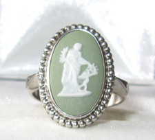 Vintage Wedgwood 925 Sterling Silver Green/White Jasper Ring UK size "L"