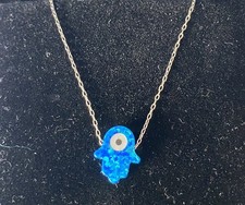 Evil Eye Hamsa Blue Synthetic Opal Necklace, Hand of Fatima,925 Silver. Lucky 
