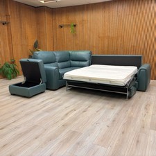 Furniture Village 'Flex' Corner Sofa Bed + Stool Green Leather Left Storage Arm