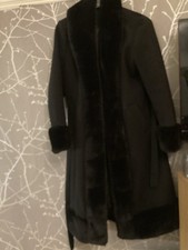 River Island Ladies Long Black Coat Faux Fur Trim Size 14 New