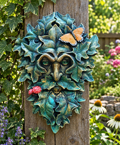 Green man stone face - green,