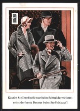 Postcard fabrics by master blacksmith, advertisement Willy Fischer, men's and women's fashion 