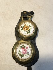 Vintage Double Horse Brass with Floral Ceramic Inserts on Leather Strap Decor