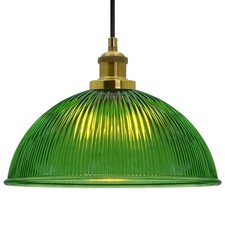 Vintage Retro Green Ribbed Glass Brass Ceiling Pendant Light Lamp Shade K446