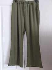LADIES Elasticated Waist Trousers Khaki Slight Bootcut M 12 Cropped 23" Leg USED