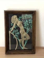 Vintage Art Deco Style Small Embossed Paper Print In Frame Glazed Woman & Tree