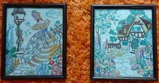 Pair Of Small Framed Antique / Vintage Art Deco Embroidery Needlework Fibre Art.