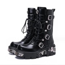New Rock Boots Unisex Metallic Black Leather Platform Gothic Boots