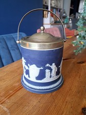 Vintage Antique Adams Tunstall Biscuit Lidded Blue Jasperware Jar Barrel E.P.N