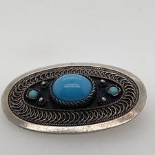 Navajo Sterling Silver Turquoise Brooch – Carved Pin – Native American Jewellery