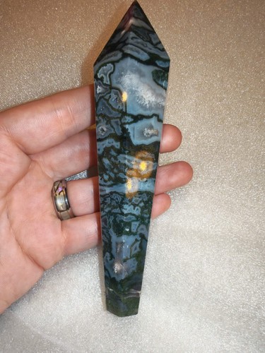 Moss agate wand with display - moss,