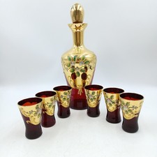 Bohemian Czech Gold-Gilded Enamelled Ruby Red Glass Decanter And Six Glasses