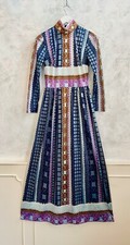 Vintage 1960's JEAN VARON Blue White Pink Abstract Psychedelic Maxi Dress 10
