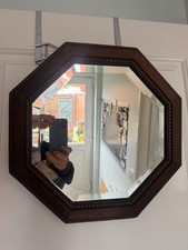Antique 1920s Art Deco Octagonal Bevelled Edge Mirror With Beaded Oak Frame