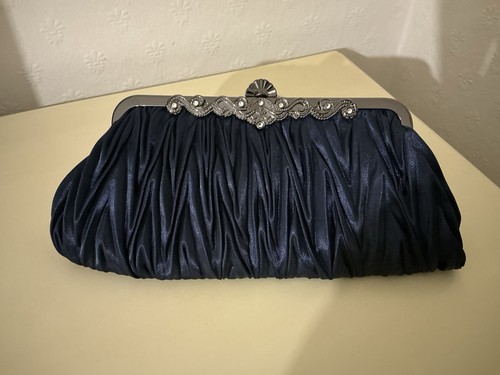 Navy pleated satin clutch - clutch, bag