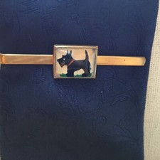 Vintage Tie Clip Slide Scottie Dog Gold Tone Reverse Painted Glass