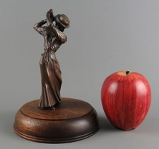 Small Vintage Cast Bronze Sculpture Figurine Edwardian Lady Golfer Wooden Base