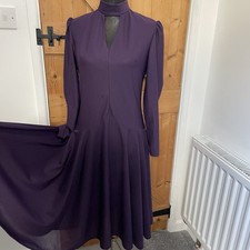 Vintage 70s 80s Purple Dress Drop Waist Fit And Flare Long Sleeve UK 10-12