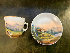 Antique hand painted china cup & saucer with alpine scene - suit Kintsugi repair