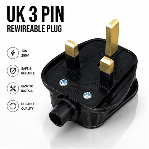 Black mains plug 13a pin - mains, uk