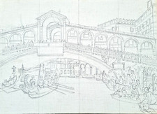 Rialto Bridge Drawing for canvas board painting Preliminary 10x14 Vintage Venice