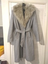 RIVER ISLAND Long Grey Coat with Faux Fur Removable Collar Size 16 UK