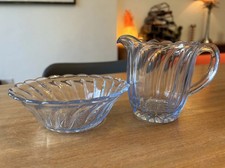 Vintage c1930s Bagley Glass Milk Jug & Sugar Bowl Blue Carnival Pattern MINT *