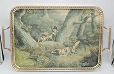 VINTAGE WOODMET  SERVING TEA TRAY. HUNTING DESIGN (FADED) GOLD TONE SURROUND.