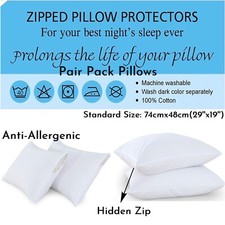 Cotton Pillow Protector Pair Anti Allergenic 100 Percent Zipped Entry Size 74X48