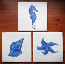 3 Square White Ceramic Wall Tiles, Embossed Seahorse/Shell/Starfish, 15x15cm VGC