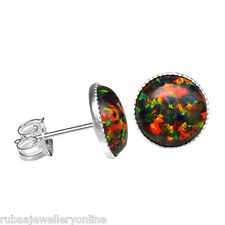 10mm ROUND LAB CREATED BLACK OPAL CABOCHON 925 STERLING SILVER STUD EARRINGS