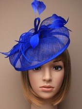 Royal Blue Fascinator in Hessian with Feathers and Bows on Self Coloured Alic...