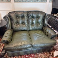 Vintage Queen Anne 2 Seater Chesterfield Chair Dark Green Leather Good Patina