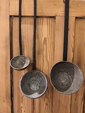 Three Antique Primitive French Copper Cooking utensils Country Kitchen Ladle