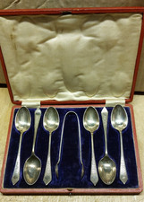 Antique Vintage Silver Plated 6 Teaspoons & Sugar Tongs Set Davis & Sons Glasgow