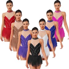UK Womens Sleeveless Tassel Dance Leotard Rumba Cha Cha Samba Latin Jazz Costume