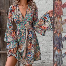 UK Women's V Neck Summer PRINT Midi Dress Long Sleeve Holiday Dresses PLUS SIZE