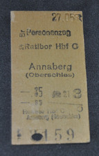 Ticket DR Deutsche Reichsbahn Ratibor central station-Annaberg (Oberschles) from 1939