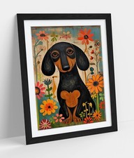 DACHSHUND AMONG FLOWERS NAIVE ART -FRAMED WALL ART POSTER PAPER PRINT