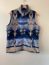 Vintage Indigo Crazy Funky Pattern Fleece Gilet Vest – Blue Beige Aztec Print