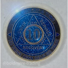 10 Year Alcoholics Anonymous Medallion Blue Gold Plated AA Sobriety Chip Coin