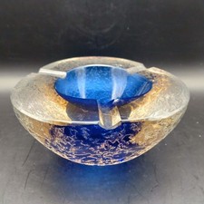 Murano Alfredo Barbini Blue Crackle Art Glass Ashtray Vintage 1970’s Has Damage
