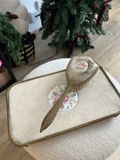 Vintage Vanity Set Tray & Hair Brush Gold Tone Lace Petit Point Rose Floral 50s