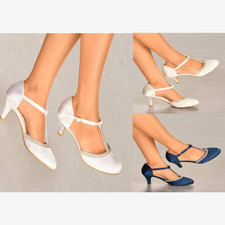 Ladies Navy Satin Diamante T-Strap Low Kitten Heel Wedding Party Shoes UK 3-8