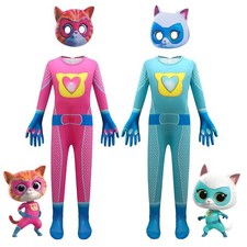 Kids Super Kittens Cat Cosplay Jumpsuit & Mask Halloween Fancy Dress Outfit UK