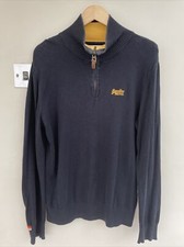 * Mens SUPERDRY Vintage Orange Label Navy Zip Henley Jumper Size L 44” Chest *