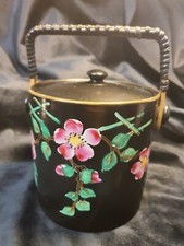 Antique Black Ceramic Ice Bucket/ Biscuit Barrel With Pink Hand Painted Roses...