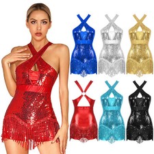 UK Womens Glitter Sequins Dance Leotard Crisscross Fringed Gymnastics Bodysuit